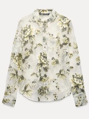 Zara Floral Sheer Organza Blouse / Shirt with contrasting devore pattern. New
